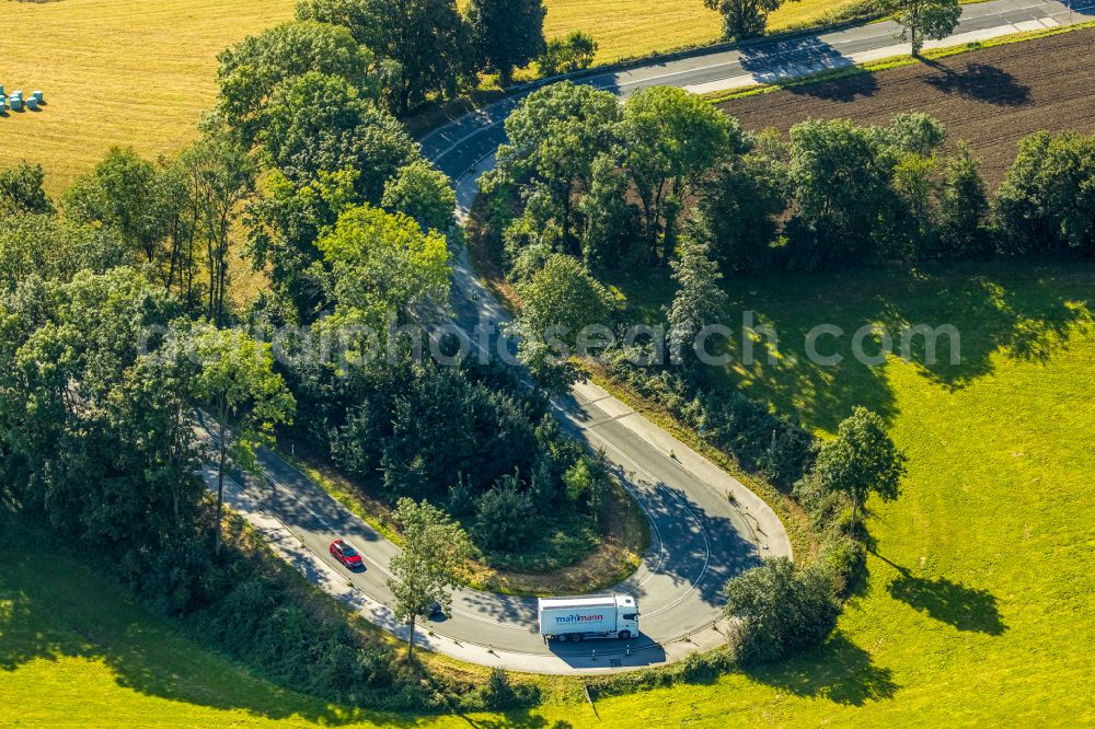 Velbert from above - Serpentine-shaped curve of a road guide of Kuhlendahler Strasse in the district Neviges in Velbert in the state North Rhine-Westphalia, Germany