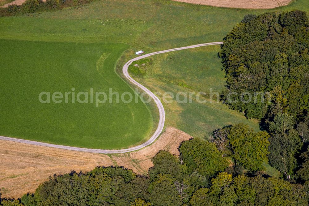 Velbert from above - Serpentine-shaped curve of a road guide of Kuhlendahler Strasse in the district Neviges in Velbert in the state North Rhine-Westphalia, Germany