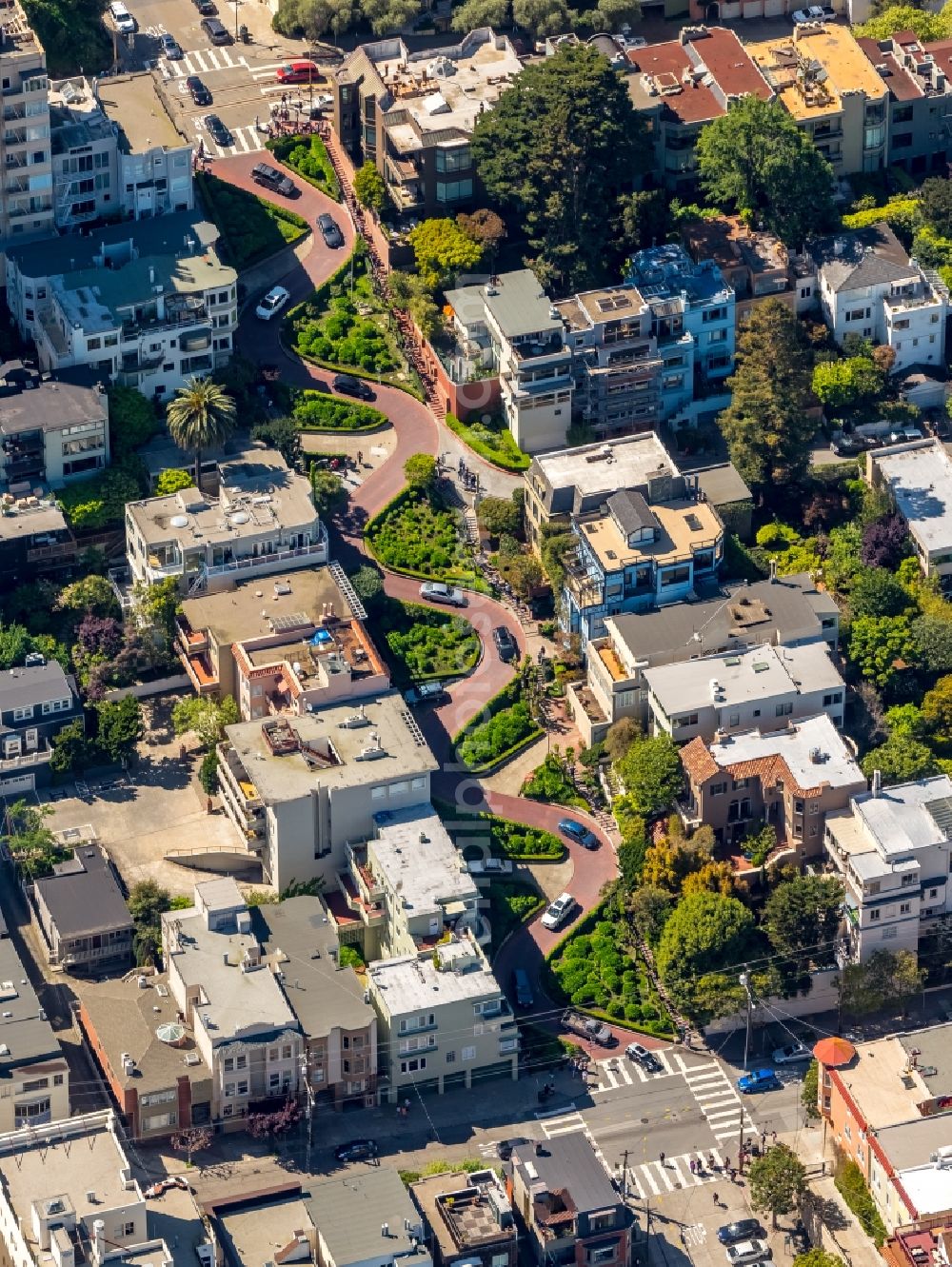 San Francisco from above - Serpentine-shaped curve of a road guide Lombard Street California in San Francisco in USA