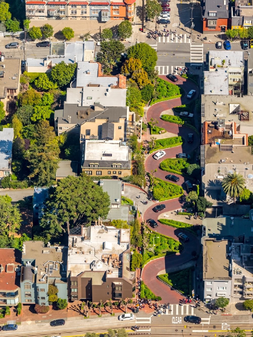 Aerial image San Francisco - Serpentine-shaped curve of a road guide Lombard Street California in San Francisco in USA