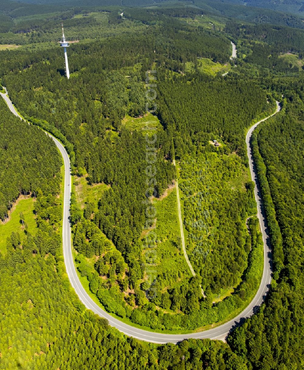 Meschede from above - Serpentine-shaped curve of a road guide in Meschede in the state North Rhine-Westphalia