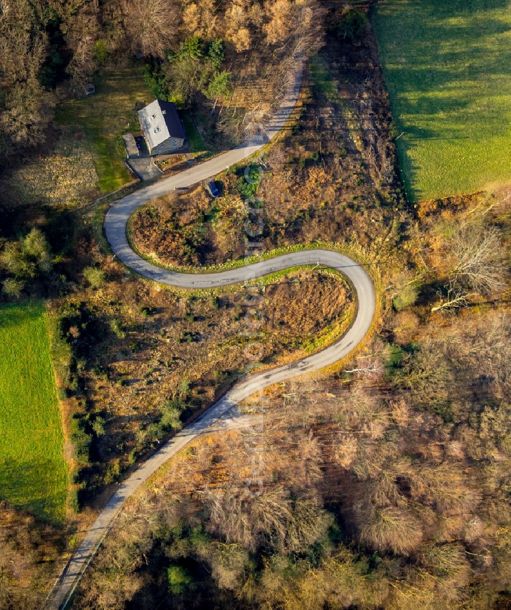 Sprockhövel from above - Serpentine-shaped curve of a road guide Sirrenbergstrasse in Sprockhoevel in the state North Rhine-Westphalia