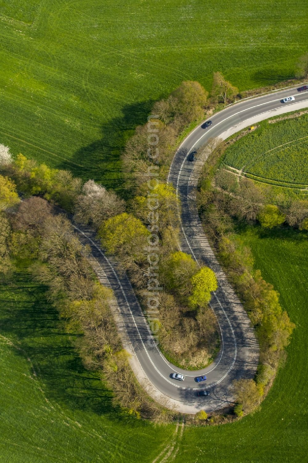 Velbert from above - Serpentine-shaped curve of a road guide in Velbert in the state North Rhine-Westphalia