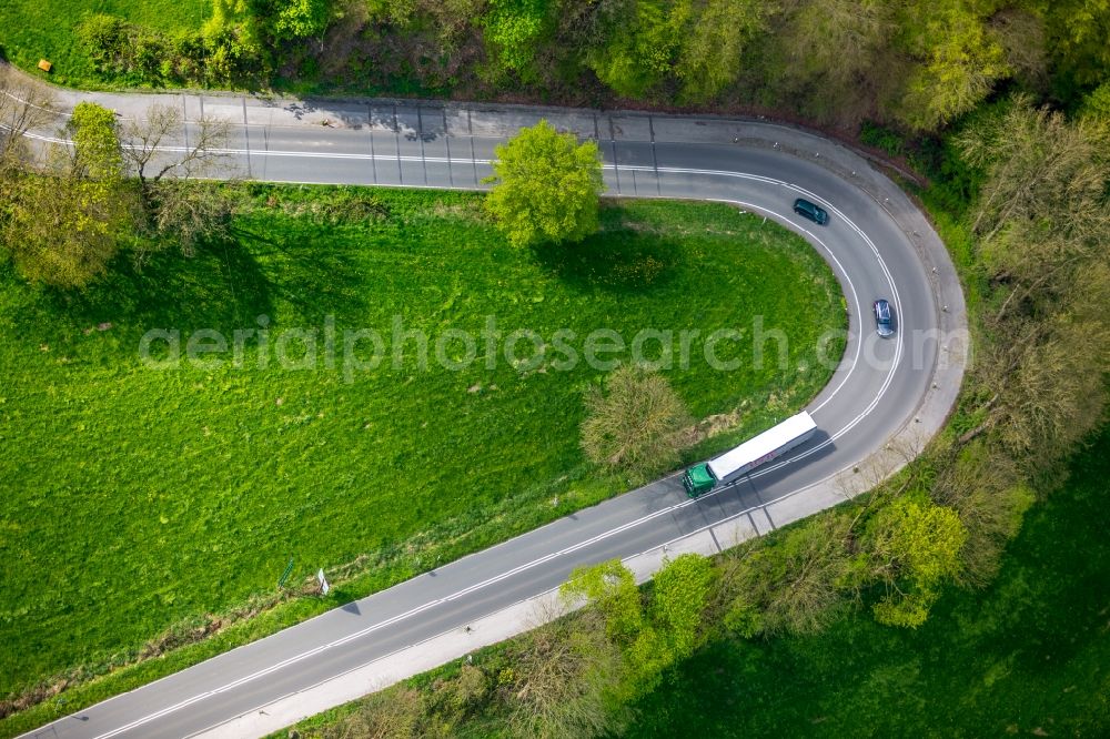 Velbert from above - Serpentine-shaped curve of a road guide in Velbert in the state North Rhine-Westphalia, Germany