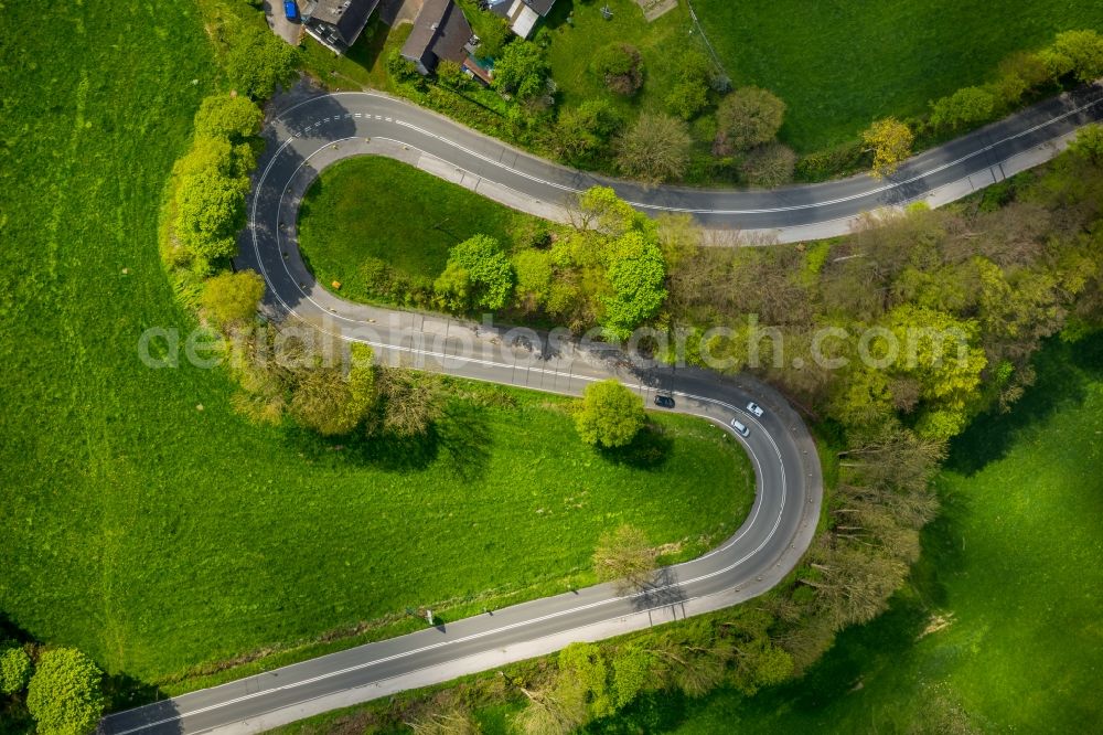 Velbert from above - Serpentine-shaped curve of a road guide in Velbert in the state North Rhine-Westphalia, Germany