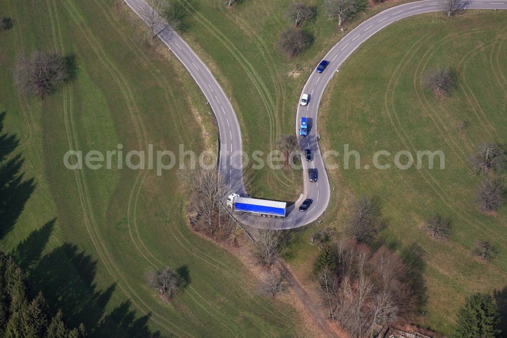 Aerial image Wehr - Serpentine-shaped curve of a road guide in Wehr in the state Baden-Wuerttemberg