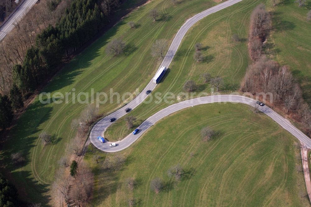 Aerial image Wehr - Serpentine-shaped curve of a road guide in Wehr in the state Baden-Wuerttemberg