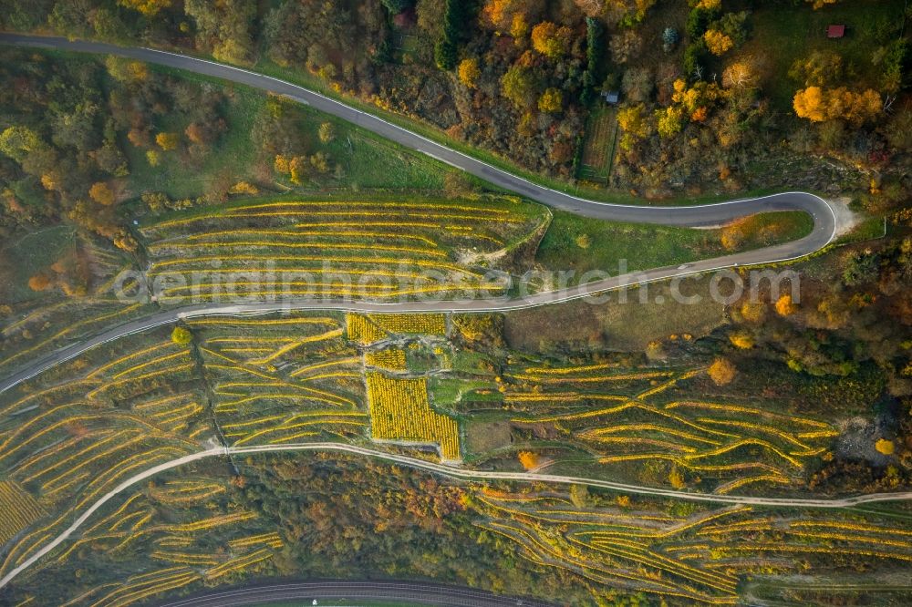 Aerial photograph Oberwesel - Serpentine-shaped curve of a road guide in the vineyards in Oberwesel in the state Rhineland-Palatinate