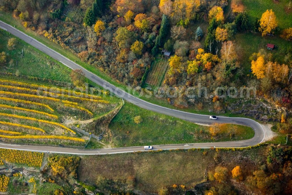 Aerial image Oberwesel - Serpentine-shaped curve of a road guide in the vineyards in Oberwesel in the state Rhineland-Palatinate