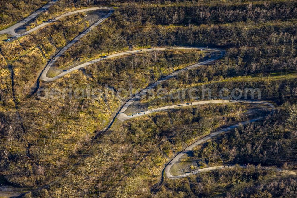 Bottrop from above - Serpentine curve of a route to the heap on the Beckstrasse in Bottrop in the state of North Rhine-Westphalia, Germany
