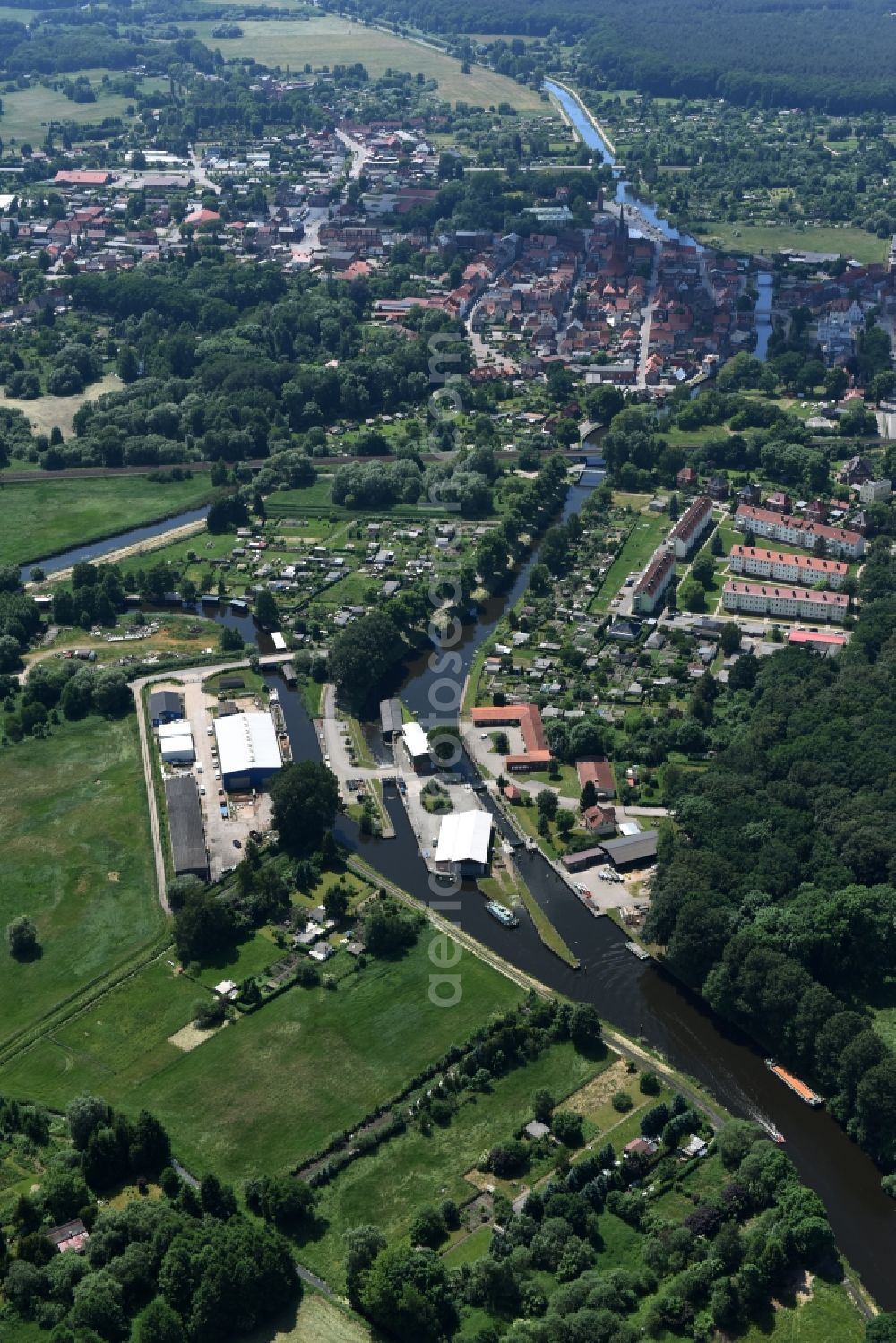 Grabow from above - Serrahn weir und Sluice at the Elde river in Grabow in the state Mecklenburg - Western Pomerania