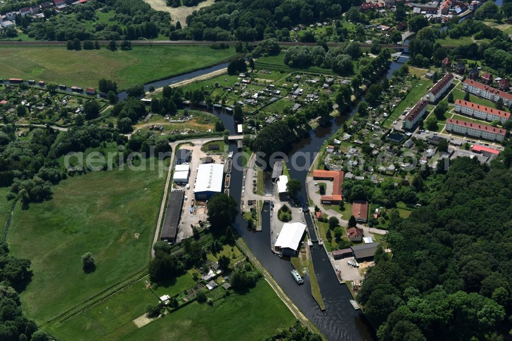 Grabow from the bird's eye view: Serrahn weir und Sluice at the Elde river in Grabow in the state Mecklenburg - Western Pomerania