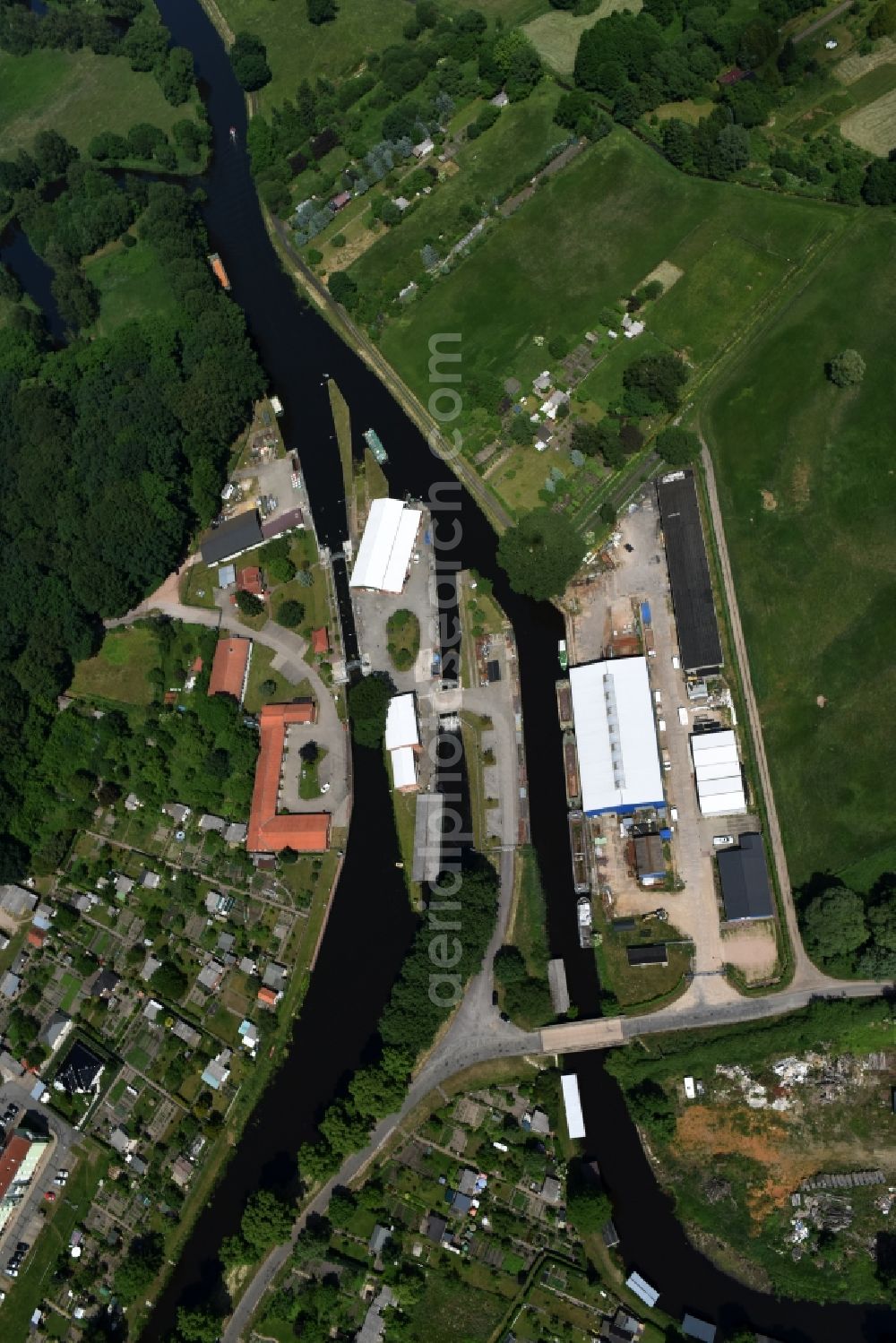 Aerial image Grabow - Serrahn weir und Sluice at the Elde river in Grabow in the state Mecklenburg - Western Pomerania