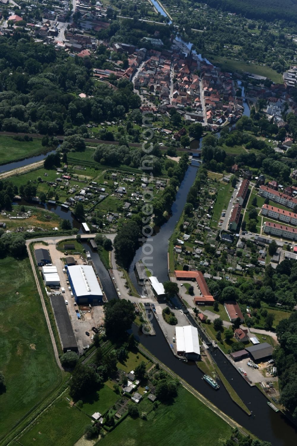 Grabow from above - Serrahn weir und Sluice at the Elde river in Grabow in the state Mecklenburg - Western Pomerania