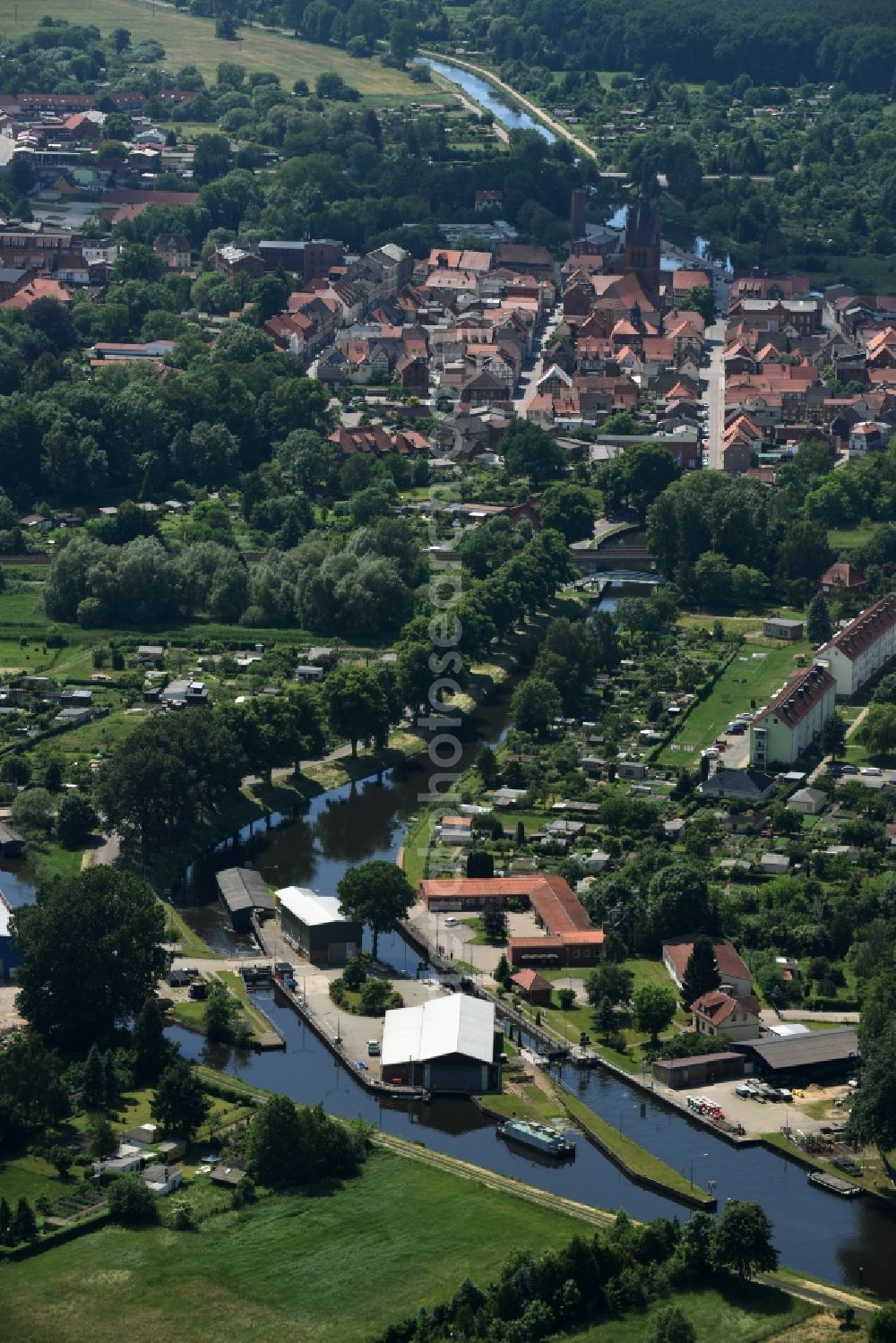 Grabow from the bird's eye view: Serrahn weir und Sluice at the Elde river in Grabow in the state Mecklenburg - Western Pomerania