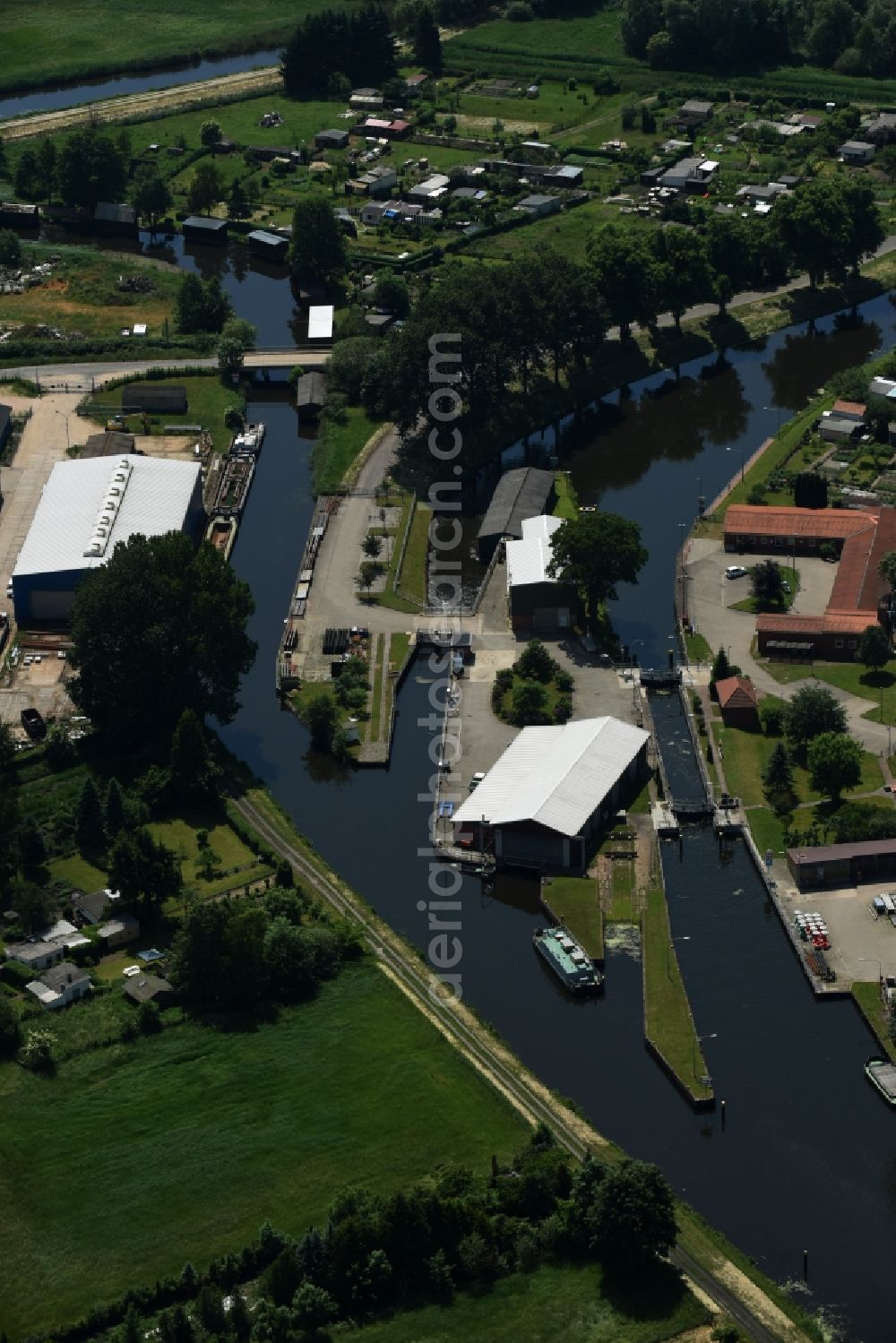 Aerial image Grabow - Serrahn weir und Sluice at the Elde river in Grabow in the state Mecklenburg - Western Pomerania