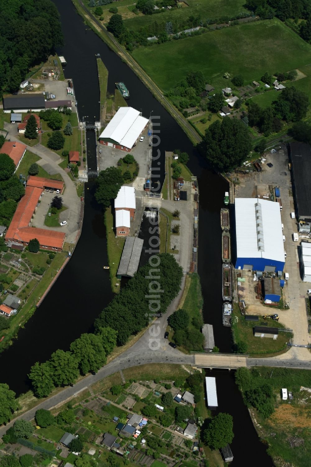 Aerial image Grabow - Serrahn weir und Sluice at the Elde river in Grabow in the state Mecklenburg - Western Pomerania