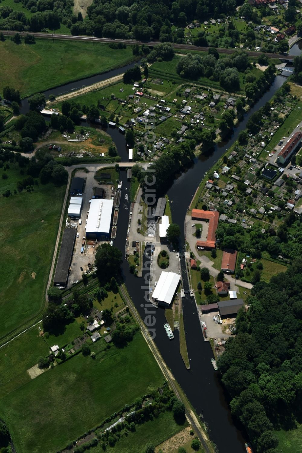 Grabow from above - Serrahn weir und Sluice at the Elde river in Grabow in the state Mecklenburg - Western Pomerania