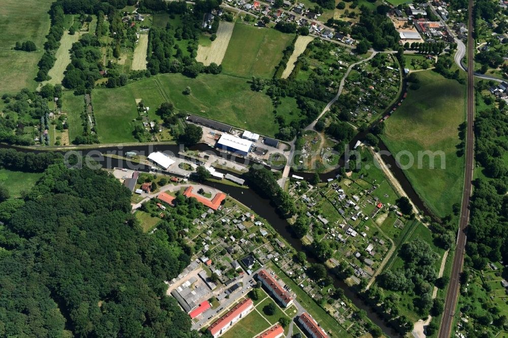 Grabow from the bird's eye view: Serrahn weir und Sluice at the Elde river in Grabow in the state Mecklenburg - Western Pomerania