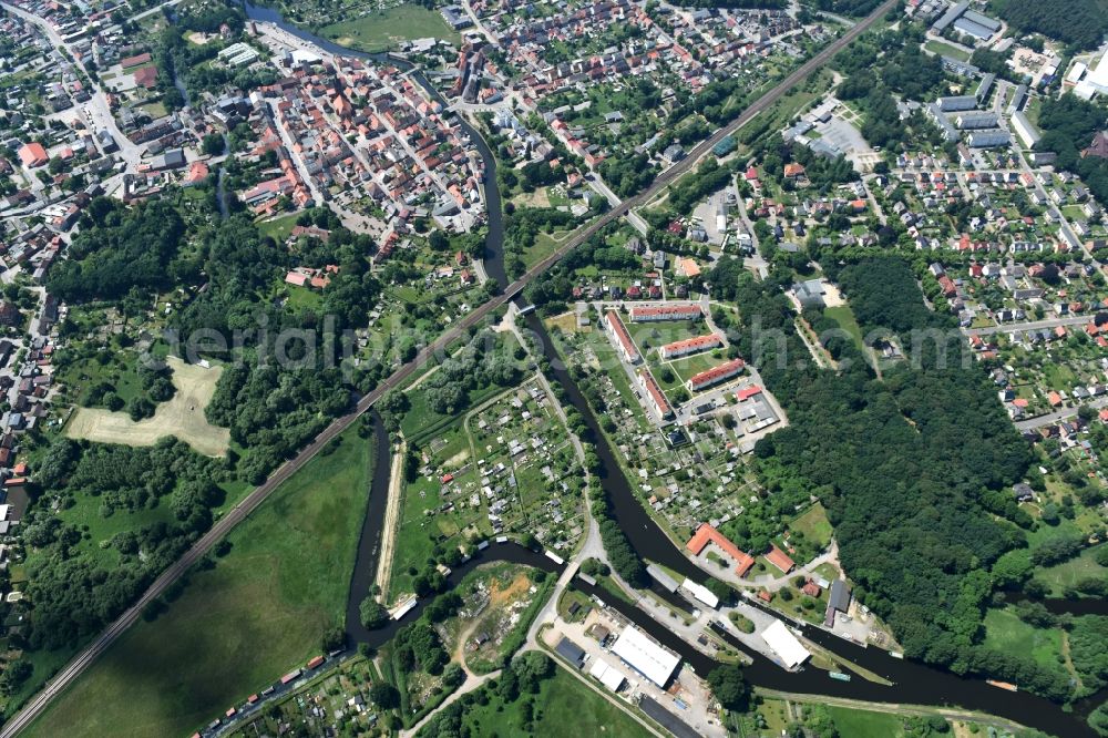 Grabow from above - Serrahn weir und Sluice at the Elde river in Grabow in the state Mecklenburg - Western Pomerania