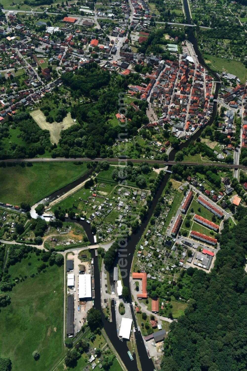 Grabow from the bird's eye view: Serrahn weir und Sluice at the Elde river in Grabow in the state Mecklenburg - Western Pomerania