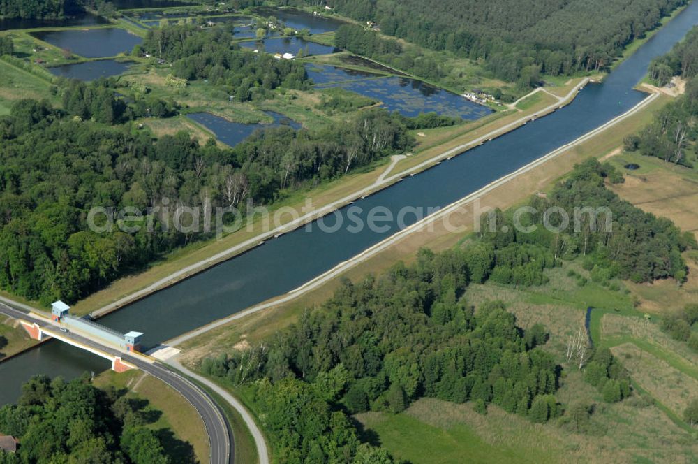 Aerial image Marienwerder - Blick auf das Sicherheitstor und die Brücke Pechteich über den Oder-Havel-Kanal in Marienwerder BB. View onto the security gate and bridge over the Oder-Havel-Canal in Marienwerder.