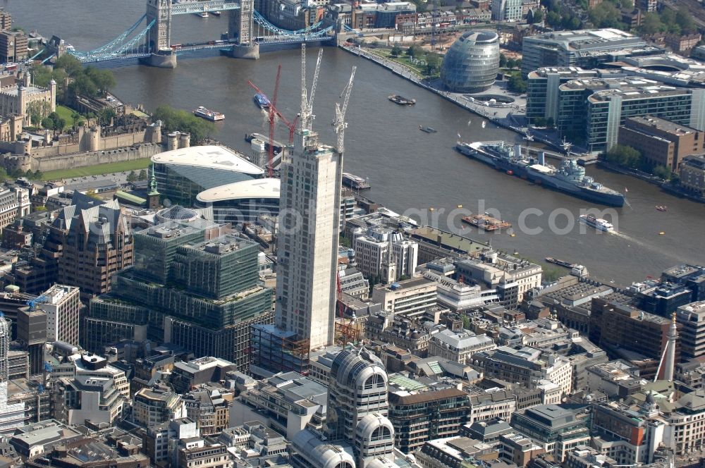 Aerial image London - View on the reconstruction of the skyscraper 20 Fenchurch Street in London under the Canary Wharf Group (CWG) and the Land Securities since 2009. Upon completion of the construction in year 2014 the building is planned to be 160m high and mainly used by commercial office space