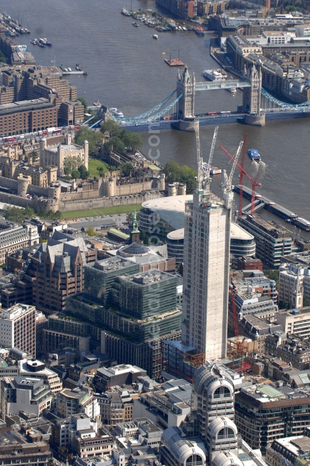 Aerial photograph London - View on the reconstruction of the skyscraper 20 Fenchurch Street in London under the Canary Wharf Group (CWG) and the Land Securities since 2009. Upon completion of the construction in year 2014 the building is planned to be 160m high and mainly used by commercial office space