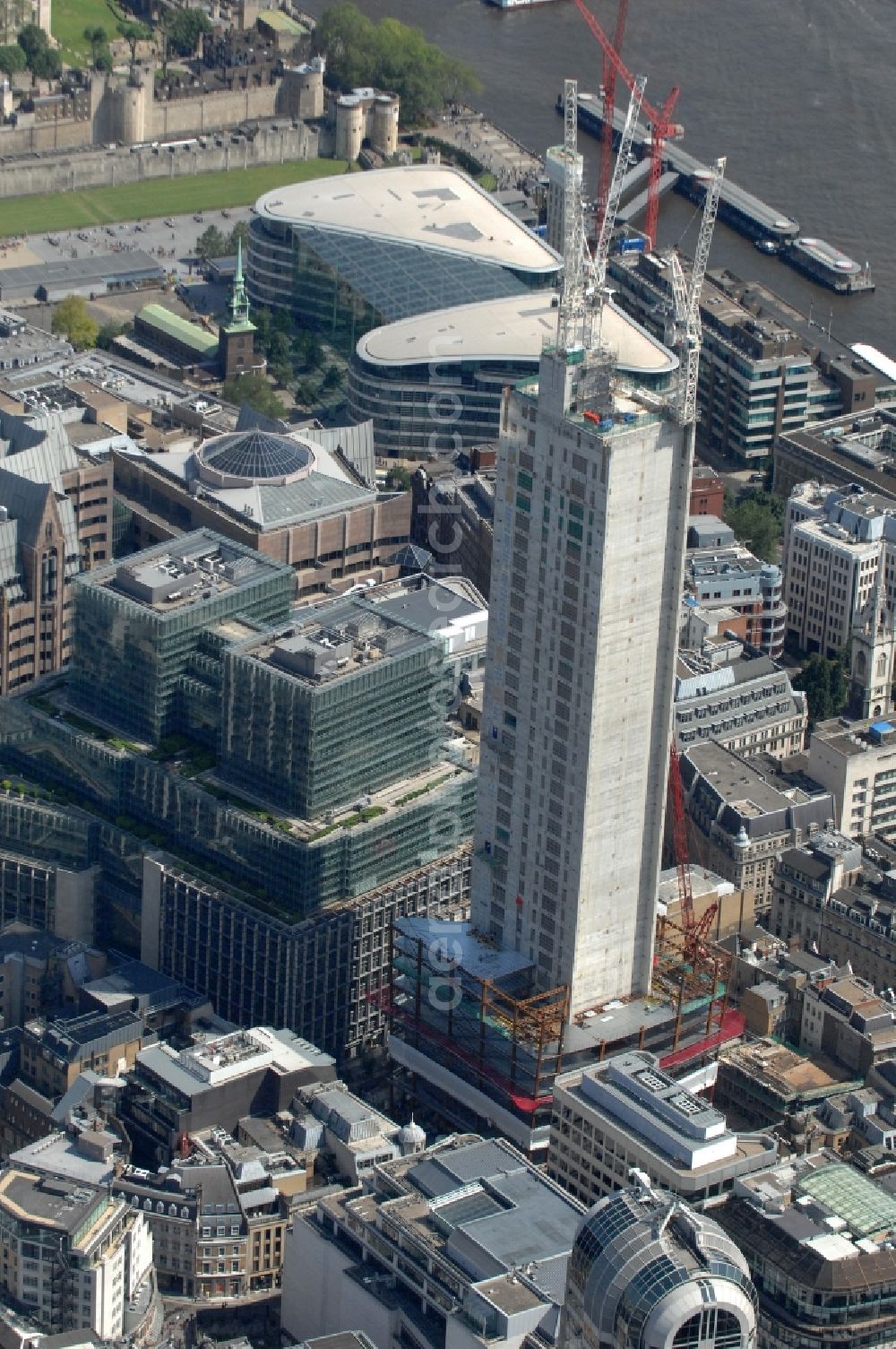 Aerial image London - View on the reconstruction of the skyscraper 20 Fenchurch Street in London under the Canary Wharf Group (CWG) and the Land Securities since 2009. Upon completion of the construction in year 2014 the building is planned to be 160m high and mainly used by commercial office space