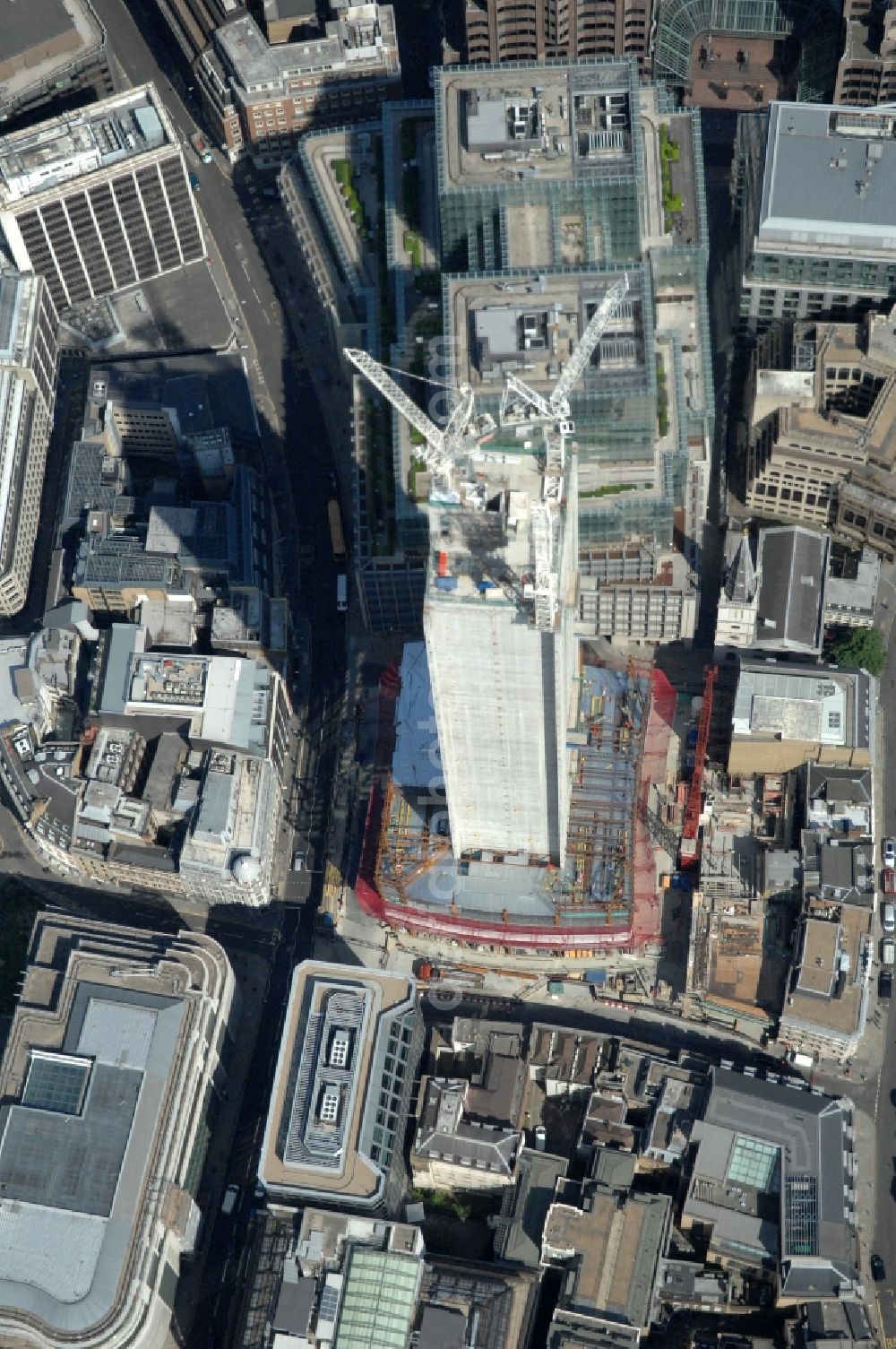 Aerial photograph London - View on the reconstruction of the skyscraper 20 Fenchurch Street in London under the Canary Wharf Group (CWG) and the Land Securities since 2009. Upon completion of the construction in year 2014 the building is planned to be 160m high and mainly used by commercial office space