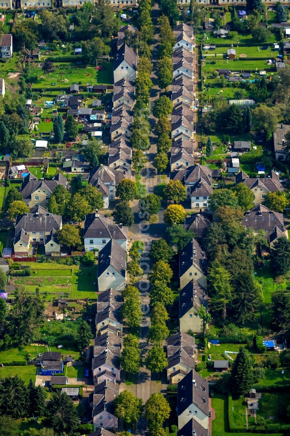 Gelsenkirchen from the bird's eye view: The course of the street Floez Dickebank through the eponymous settlement in Gelsenkirchen in the state North Rhine-Westphalia. The street lined by houses and settlement are named after a seam