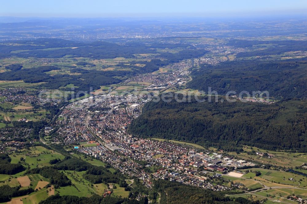 Schopfheim from above - Settlement area in the valley of the river Wiese between the Southern Black Forest and Dinkelberg at Schopfheim in the state Baden-Wuerttemberg