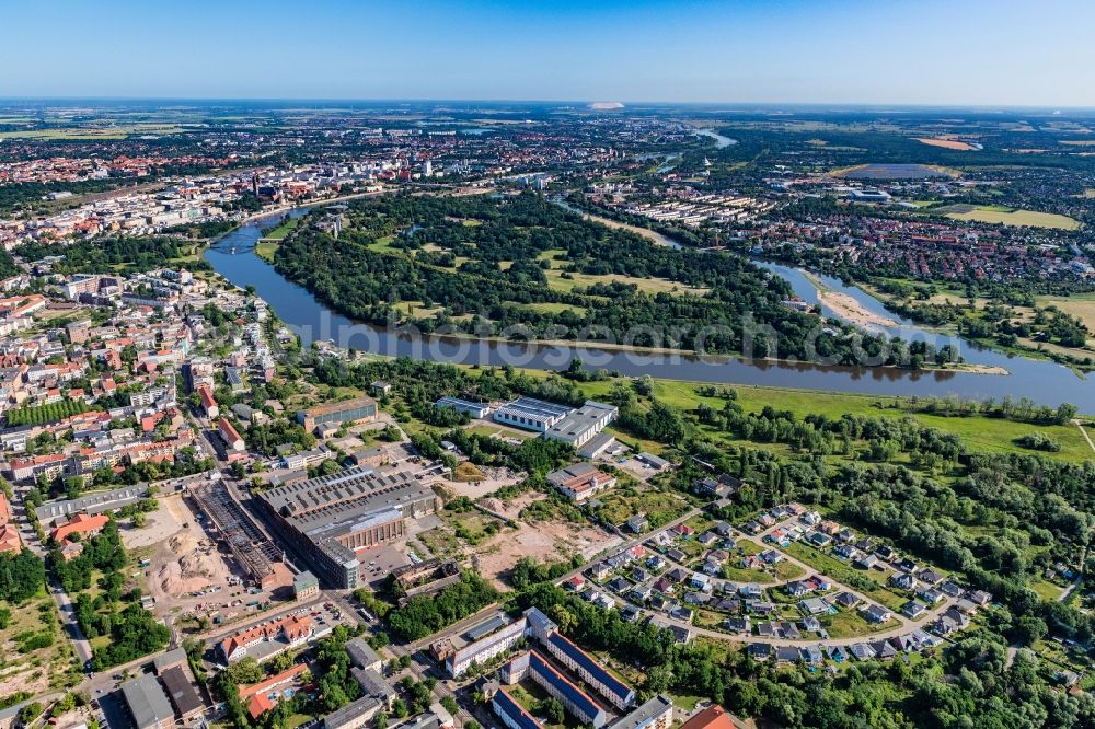 Magdeburg from above - Settlement areas and infrastructure district Buckau and Elbe island Werder in Magdeburg in the state Saxony-Anhalt, Germany