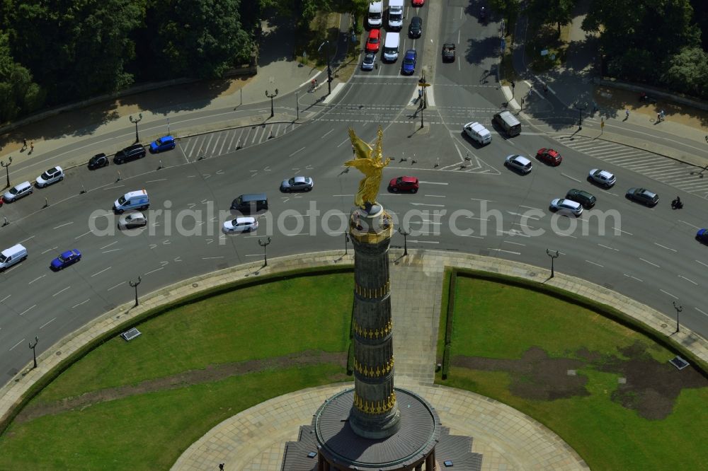 Berlin from above - The Siegessaeule at Grosser Stern in the middle of the Tiergarten in Berlin, was built from 1864 to 1873 as a national monument to the unification wars, designed by Heinrich Strack