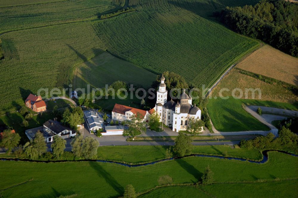 Aerial photograph Seelenbach - Blick auf die Wallfahrtskirche Maria Birnbaum. Die barocke Wallfahrtskirche Maria Birnbaum wurde 1661 – 1668 als erste Kuppelkirche nördlich der Alpen errichtet. Kontakt: Wallfahrtskirche Maria Birnbaum, Maria-Birnbaum-Straße 51, 86577 Sielenbach, Tel. 08258 9958-0, Fax 08258 9985-10, E-Mail info@kloster-maria-birnbaum.de,