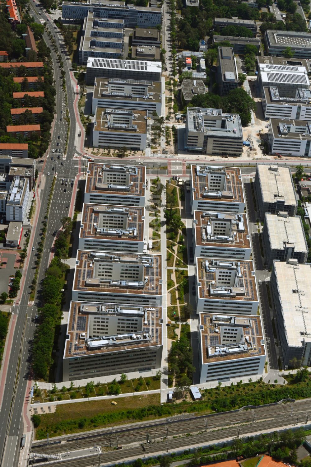 Erlangen from above - New research building and company premises Siemens Campus Erlangen at Guenther-Scharowsky-Strasse in Erlangen in the state of Bavaria, Germany