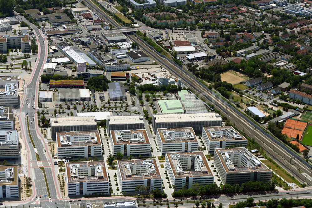 Erlangen from above - New research building and company premises Siemens Campus Erlangen at Guenther-Scharowsky-Strasse in Erlangen in the state of Bavaria, Germany