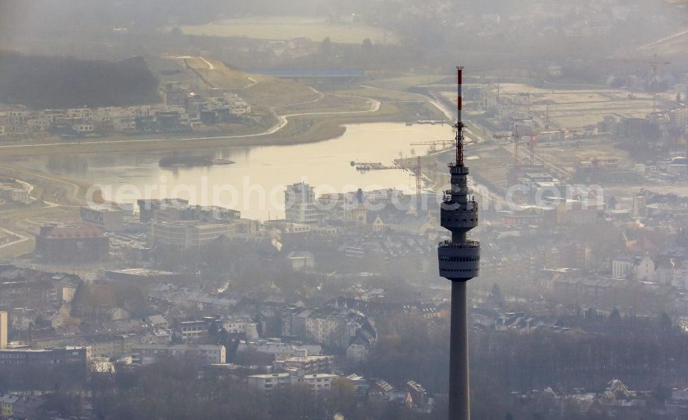 Aerial photograph Dortmund - Silhouette of the Dortmund TV Tower Florian with the Phoenix Lake in the district Horde in Dortmund in North Rhine-Westphalia