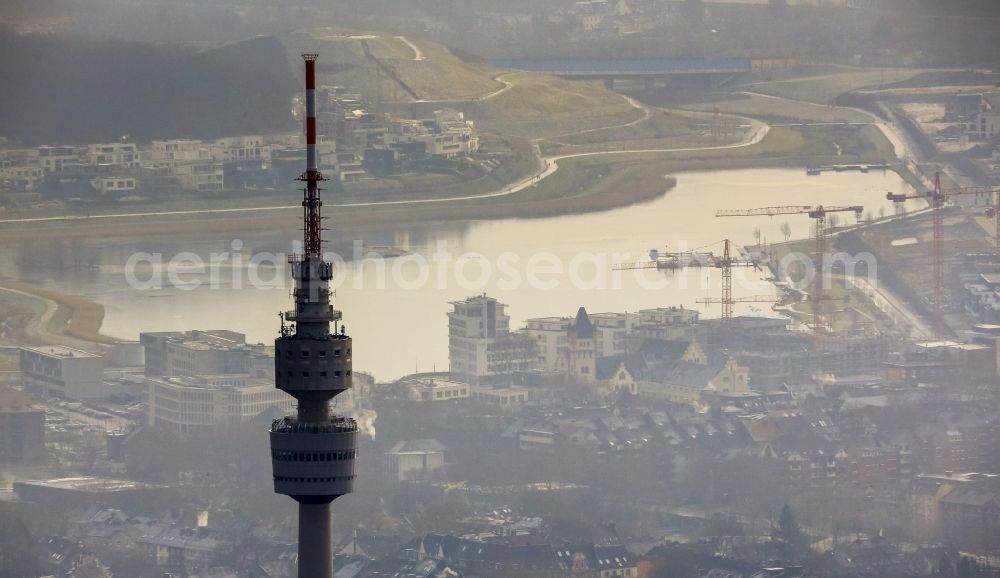 Dortmund from above - Silhouette of the Dortmund TV Tower Florian with the Phoenix Lake in the district Horde in Dortmund in North Rhine-Westphalia