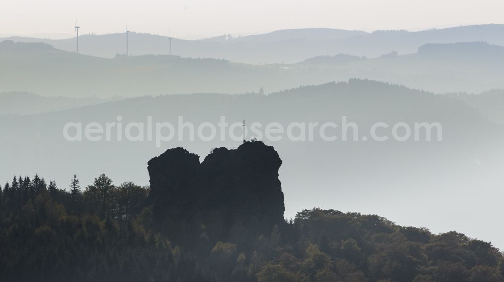 Brilon from above - Silhouette backlight silhouette-like rock formation Bruchhauser stones near Brilon in the state of North Rhine-Westphalia. The known archaeological site is located in a conservation area of the Rothaargebirge