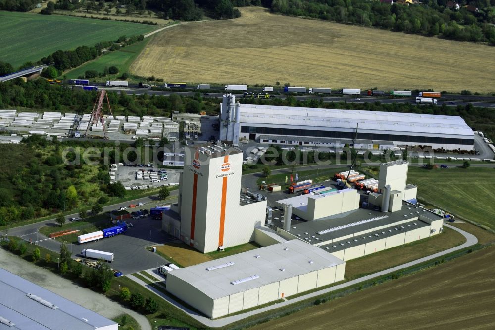 Heidegrund from above - High silo and grain storage with adjacent storage Thueringer Muehlenwerke GmbH on Muehlenstrasse in the district Weickelsdorf in Heidegrund in the state Saxony-Anhalt, Germany