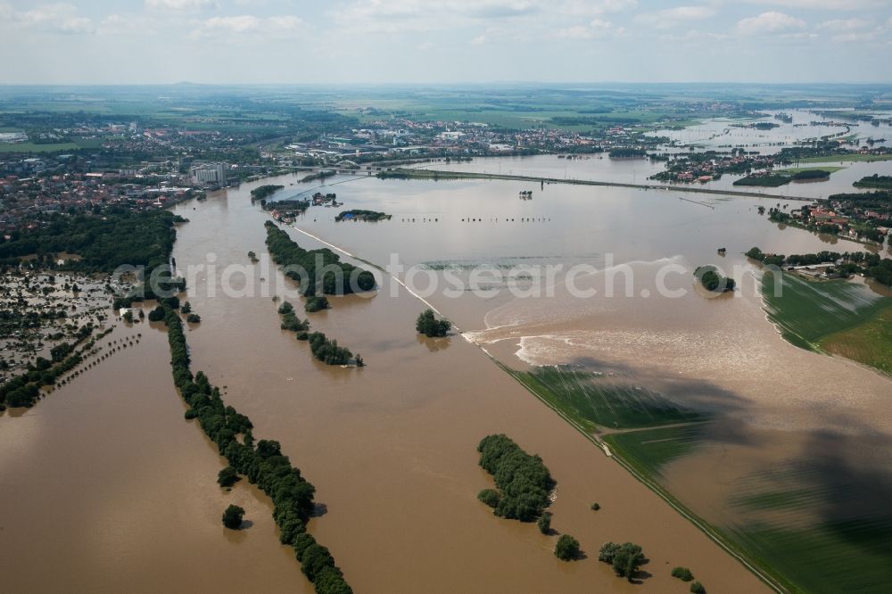 Riesa from the bird's eye view: The situation during the flooding in East Germany on the bank of the river Elbe close to Riesa and Nünchritz in the state of Saxony. Overview of the Elbe river and neighbouring fields and allotements