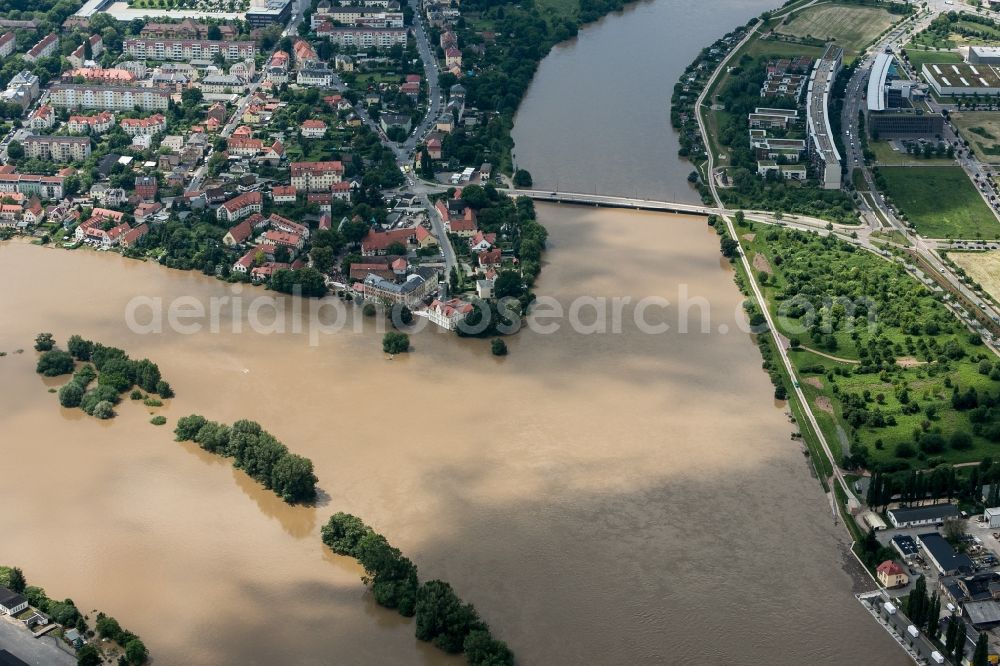 Dresden from the bird's eye view: The situation during the flooding in East Germany on the bank of the river Elbe at the Dresden Exhibition Center in the city of Dresden in the state of Saxony. The ring road around the Exhibition Center is flooded and Schlachthof Street becomes a bridge