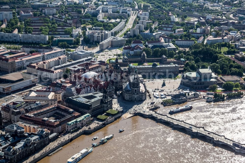 Dresden from above - The situation during the flooding on the bank of the river Elbe at the historical part of the city of Dresden in the State of Sachsen. The Hofkirche (historical church) Dresden at the Augustus Bridge