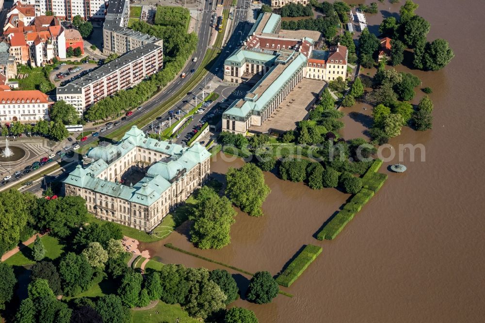 Dresden from above - The situation during the flooding on the bank of the river Elbe at the historical part of the city of Dresden in the State of Sachsen. The effects and aftermath of the flooding can be seen. View on the japanese palace