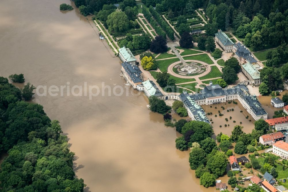 Dresden from the bird's eye view: The situation during the flooding in East Germany on the bank of the river Elbe in the city of Dresden in the state of Saxony. View on the Museum of Applied Arts at Pillnitz Residence