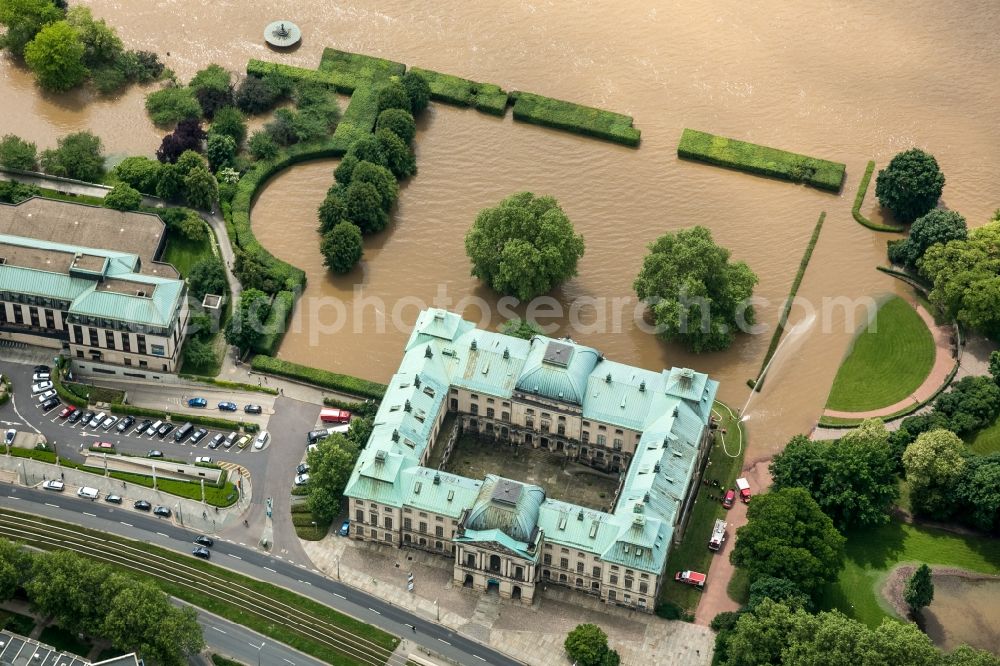 Dresden from the bird's eye view: The situation during the flooding in East Germany on the bank of the river Elbe in the city of Dresden in the state of Saxony. View of the Japanese Palace