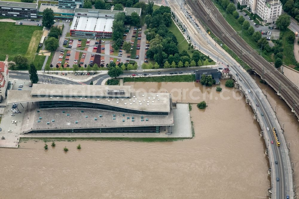 Aerial image Dresden - The situation during the flooding in East Germany on the bank of the river Elbe in the city of Dresden in the state of Saxony. View of the International Congress Center Dresden and Marienbrücke