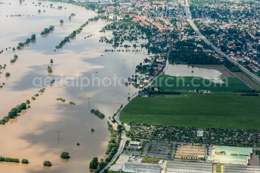 Aerial photograph Radebeul - The situation during the flooding in East Germany on the bank of the river Elbe in the county seat Radebeul in the state of Saxony. View on the Gottesacker - god's acre