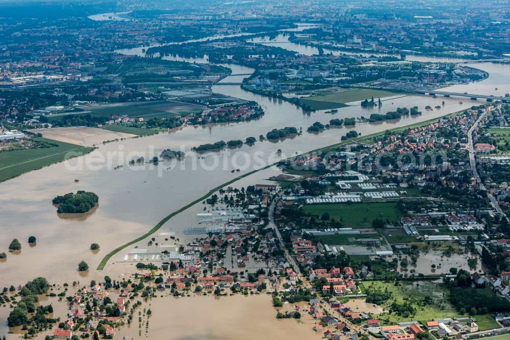 Dresden from the bird's eye view: The situation during the flooding in East Germany on the bank of the river Elbe in the Kaditz district of the city of Dresden in the state of Saxony. The flood channel between Kaditz and Übigau is filled with water due to the flooding. View from the North to the Elbe flood Bridge and the Autobahn A4. Gohlis is in the foreground